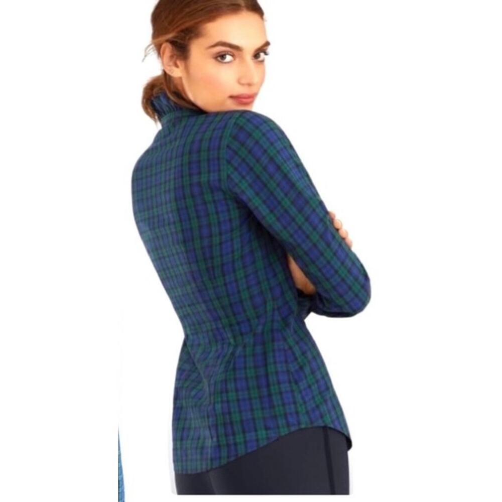 BROOKS BROTHERS Women's 8 Tartan Navy Plaid Long Sleeve Button Top Ruffle Neck